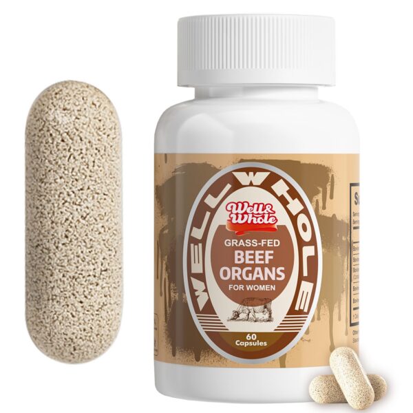 Frente de frasco Well&Whole con cápsulas de órganos bovinos