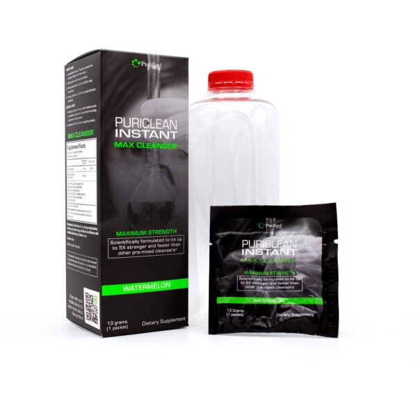 Frasco Puriclean Instant Max Cleanser sobre etiqueta