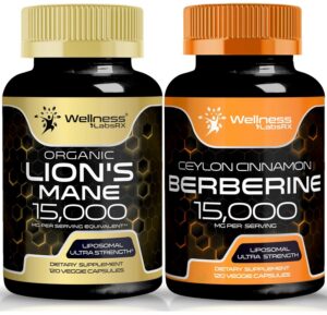 Frasco de cápsulas Lions Mane y Berberina WELLNESS LABSRX