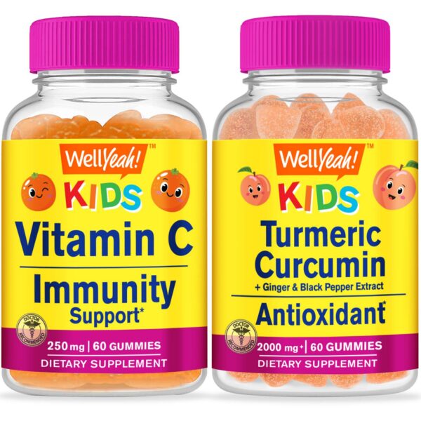 Frontal de la botella WellYeah Vitamin C Kids + Turmeric Curcumin Kids