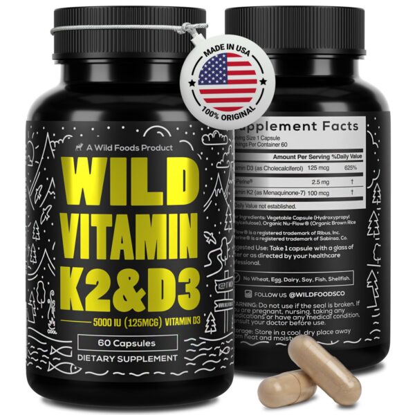 Wild Foods vitamina D3 5000 IU con K2 cápsulas frasco
