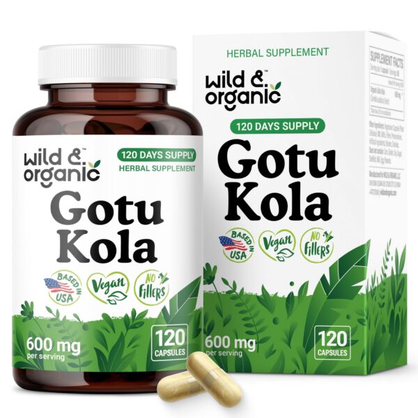 Botella de cápsulas Wild & Organic Gotu Kola para apoyo cerebral