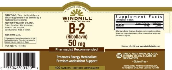 Windmill riboflavina suplemento 50mg tabletas salud