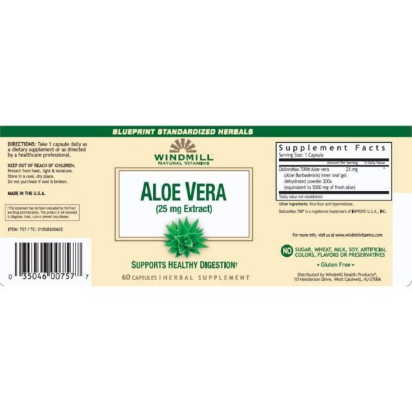 Frasco Vitaminas Naturales Windmill extracto aloe vera 60 cápsulas