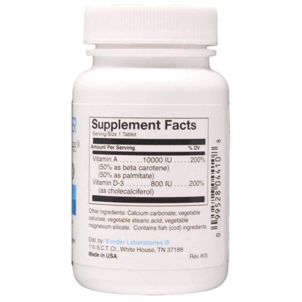 Etiqueta de suplemento vitamina A y D Wonder Laboratories detalles ingredientes