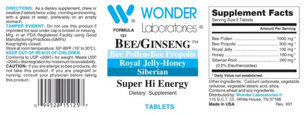 Etiqueta del bote Wonder Bee/Ginseng 250 Tabletas