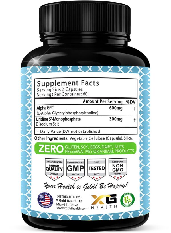 Etiqueta del producto Alpha GPC 600 mg + Uridina 300 mg