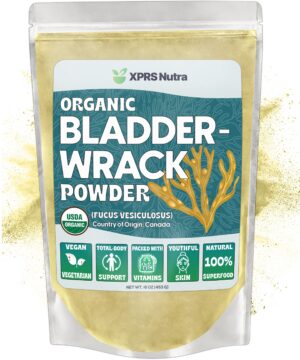 Frente del envase de Bladderwrack orgánico XPRS Nutra