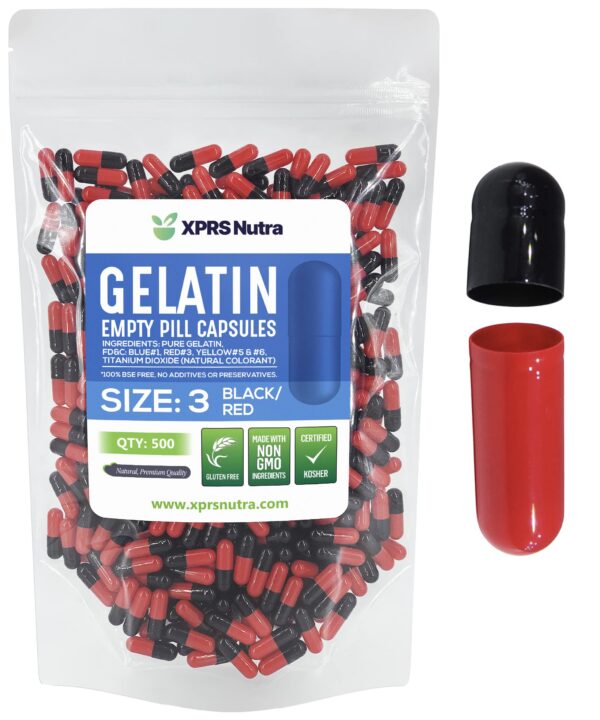 XPRS Nutra cápsulas gelatina bovina negras rojas tamaño 3 500 unidades