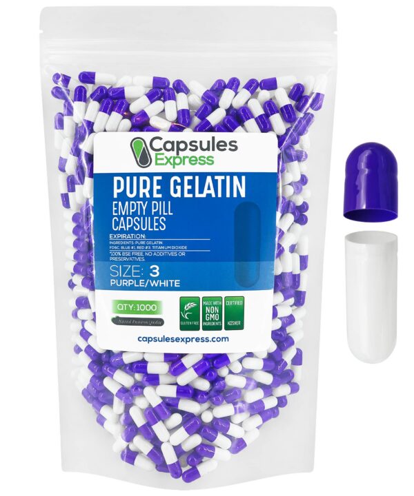 XPRS Nutra cápsulas gelatina vacías tamaño 3 púrpura y blanco 1000 piezas