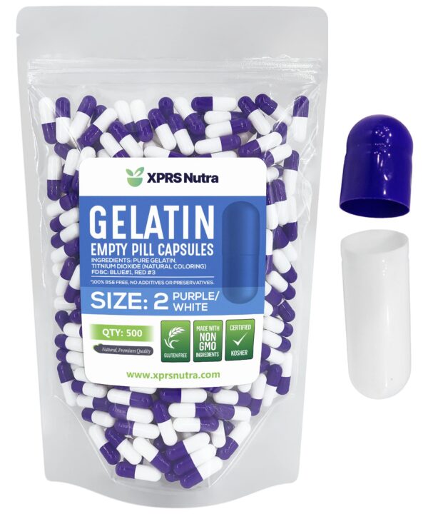 Paquete de 500 cápsulas vacías tamaño 2 moradas y blancas
