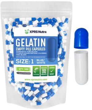Version 1.0.0 XPRS Nutra cápsulas vacías tamaño 1 azul blanco 500 conteo