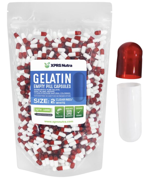 Paquete de 1000 cápsulas vacías tamaño 2 rojo transparente y blanco