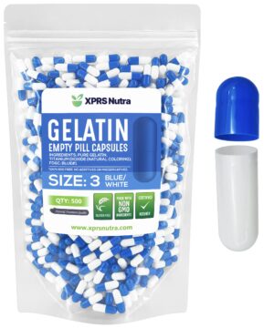 Version 1.0.0 XPRS Nutra cápsulas vacías tamaño 3 azul blanco 500 conteo