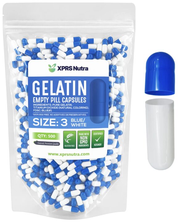 Version 1.0.0 XPRS Nutra cápsulas vacías tamaño 3 azul blanco 500 conteo