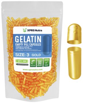 Version 1.0.0 Cápsulas XPRS Nutra vacías tamaño 3 color dorado para suplementos