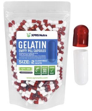 Frasco con cápsulas vacías gelatina bovina tamaño 2 color rojo y blanco 500 unidades