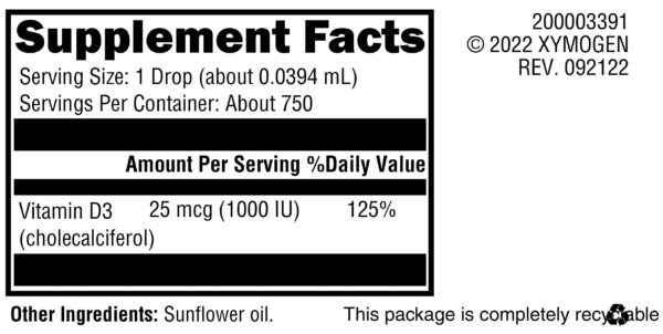 Frasco y etiqueta de D3 líquido con gotero
