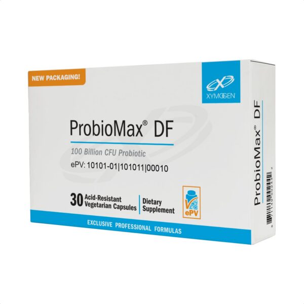 Frasco ProbioMax probióticos vegetarianos XYMOGEN 30 cápsulas