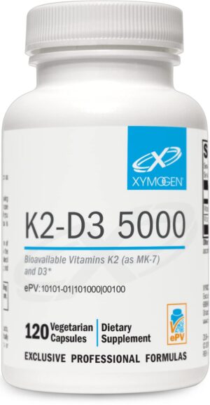 Frasco de XYMOGEN vitamina K2 D3 5000 IU 120 cápsulas