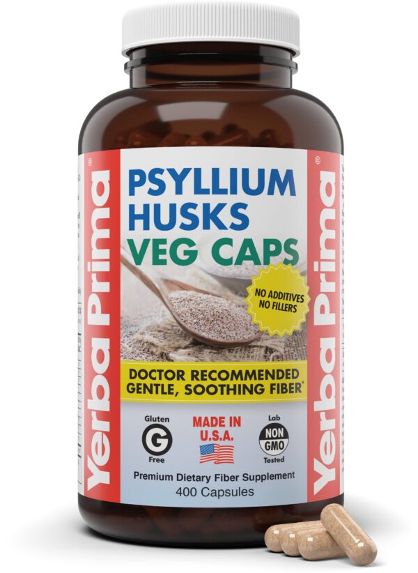 Cápsulas de cáscara de psyllium Yerba Prima para salud intestinal