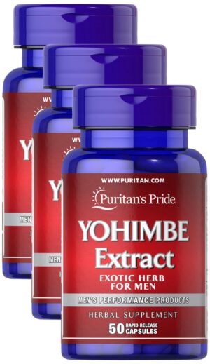 Version 1.0.0 Yohimbe Puritan's Pride frasco con cápsulas rojas