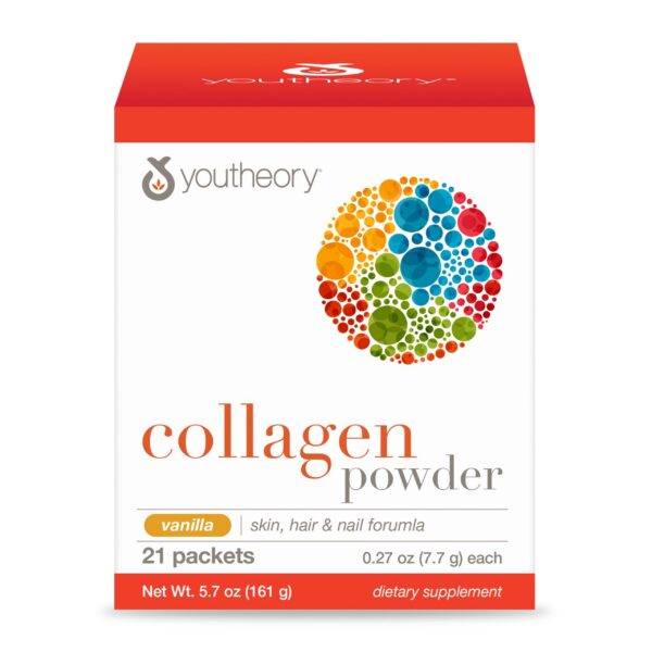 Frente del envase Youtheory Polvo de Colágeno vainilla