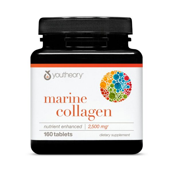 Frente del envase Youtheory Colágeno Marino 2,500 mg 160 tabletas