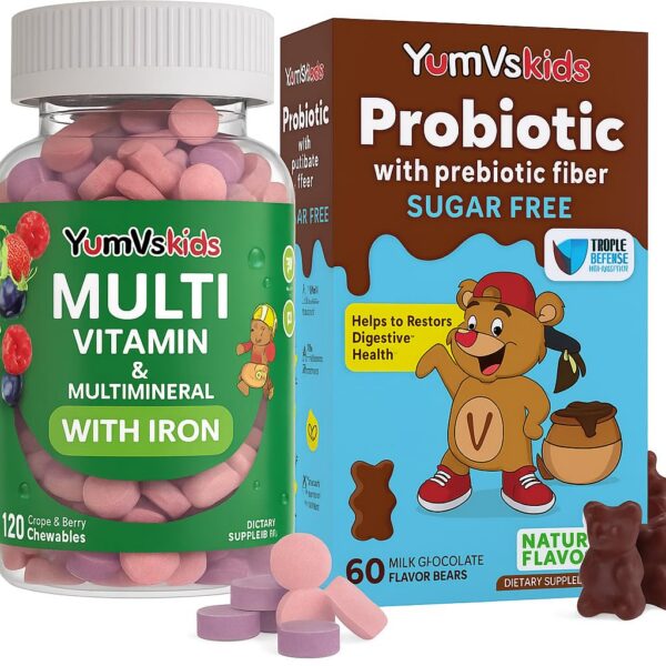 YUM-V'S Probiotics & Multivitamin bundle niños frasco y etiqueta