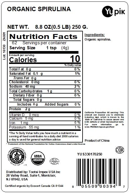 Etiqueta Yupik espirulina orgánica sin OGM y vegana