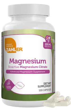 Version 1.0.0 Frasco de cápsulas de suplemento de magnesio Zahler 200 mg paquete de 120
