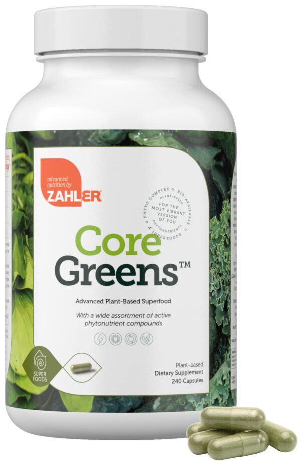 Version 1.0.0 Zahler Core Greens cápsulas superalimentos verdes frasco