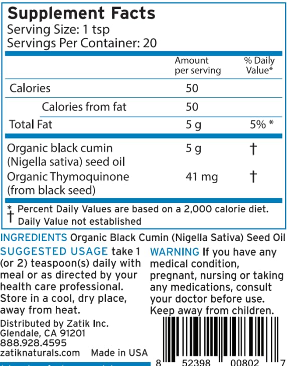 Version 1.0.0 Etiqueta de producto Zatik Aceite de comino negro orgánico