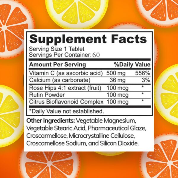 Etiqueta frontal de tabletas de vitamina C con Rosa Mosqueta