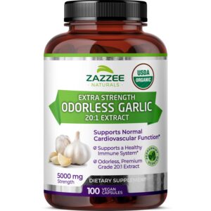 Frasco de cápsulas de extracto de ajo orgánico Zazzee sin olor