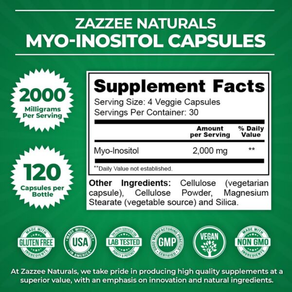 Cápsulas naturales mio-inositol Zazzee 2000 mg