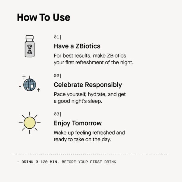 Version 1.0.0 ZBiotics botella individual probiótico pre-alcohol 0.5 fl oz