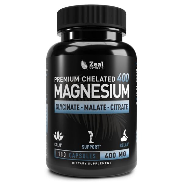 Frasco de magnesio quelado triple mezcla Zeal Naturals 400mg 180 cápsulas