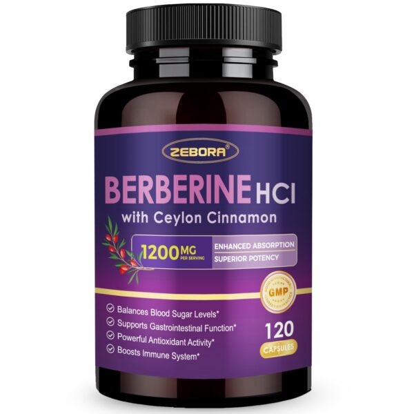 ZEBORA suplemento berberina 1200mg frasco con cápsulas