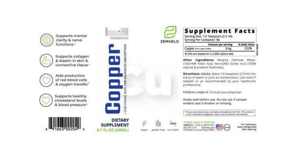 Etiqueta frontal del producto Zemvelo cobre quelado