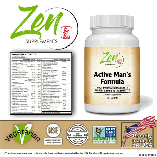Vista lateral Zen Supplements multivitamínico para hombres 90 tab