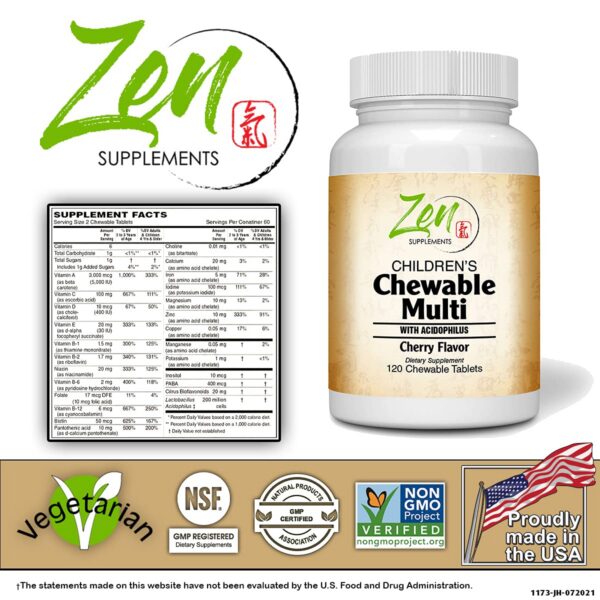 Etiqueta frontal Zen Supplements multivitamínico infantil masticable