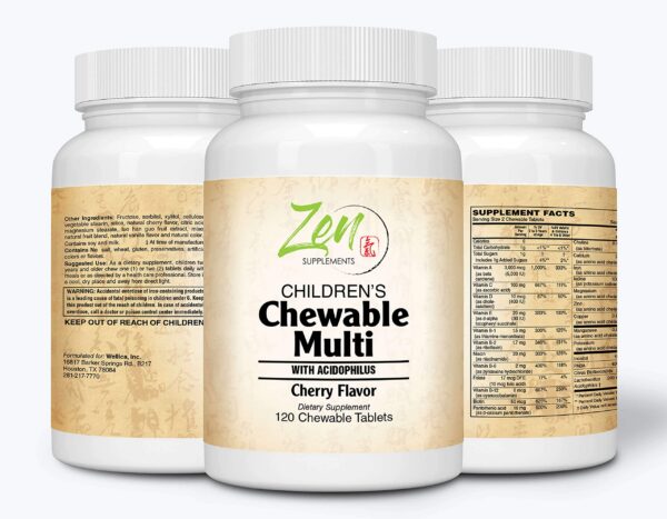 Vista lateral Zen Supplements multivitamínico infantil 120 tabletas