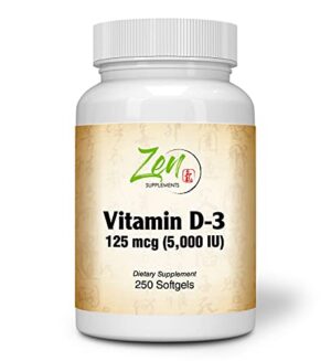Zen Supplements vitamina D-3 5000 UI cápsulas blancas frasco