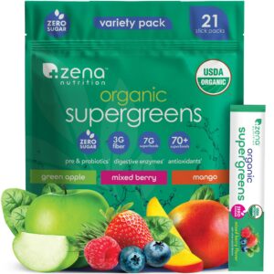 Version 1.0.0 Frente del envase de Zena Nutrition Polvo Super Greens Orgánico