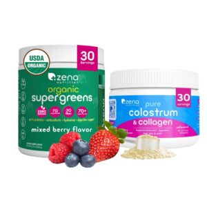 Version 1.0.0 Polvo de Supergreens orgánico de Zena Nutrition en empaque con información de ingredientes