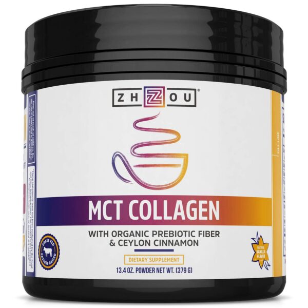 Frasco de Zhou MCT Collagen con etiqueta frontal