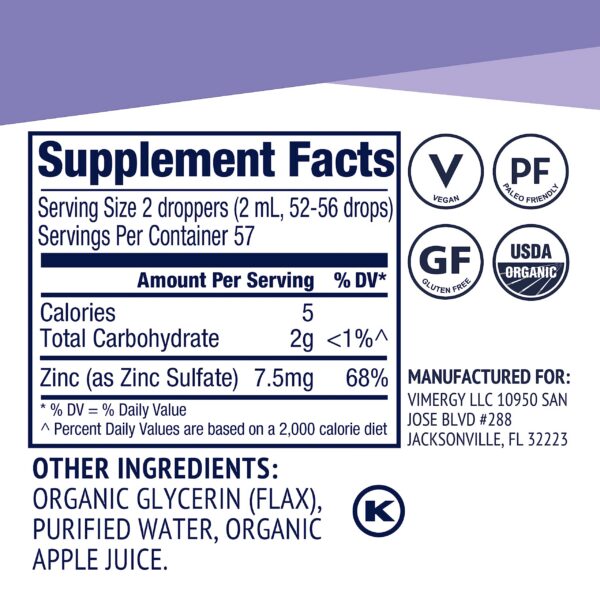 Zinc líquido Vimergy apto para veganos y certificado orgánico