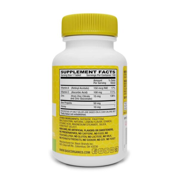 Frasco Zinc Lozenges Basic Organics Limón