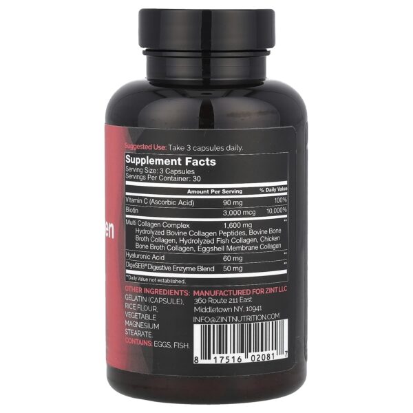 Etiqueta de Zint colágeno cápsulas con ingredientes